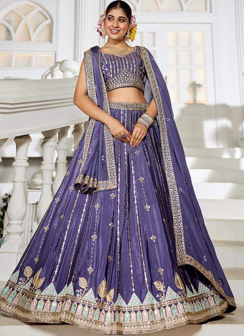 Violet Georgette Sequins Embroidered Zari Lehenga Set