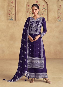 Violet Georgette Zari Embroidered Sequins Palazzo Suit