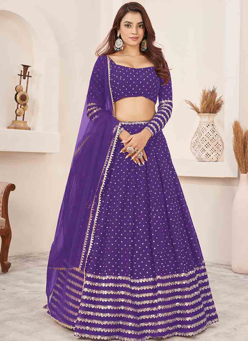 Violet Georgette Zari Embroidered Sequins RavishingLehenga Wedding Wear