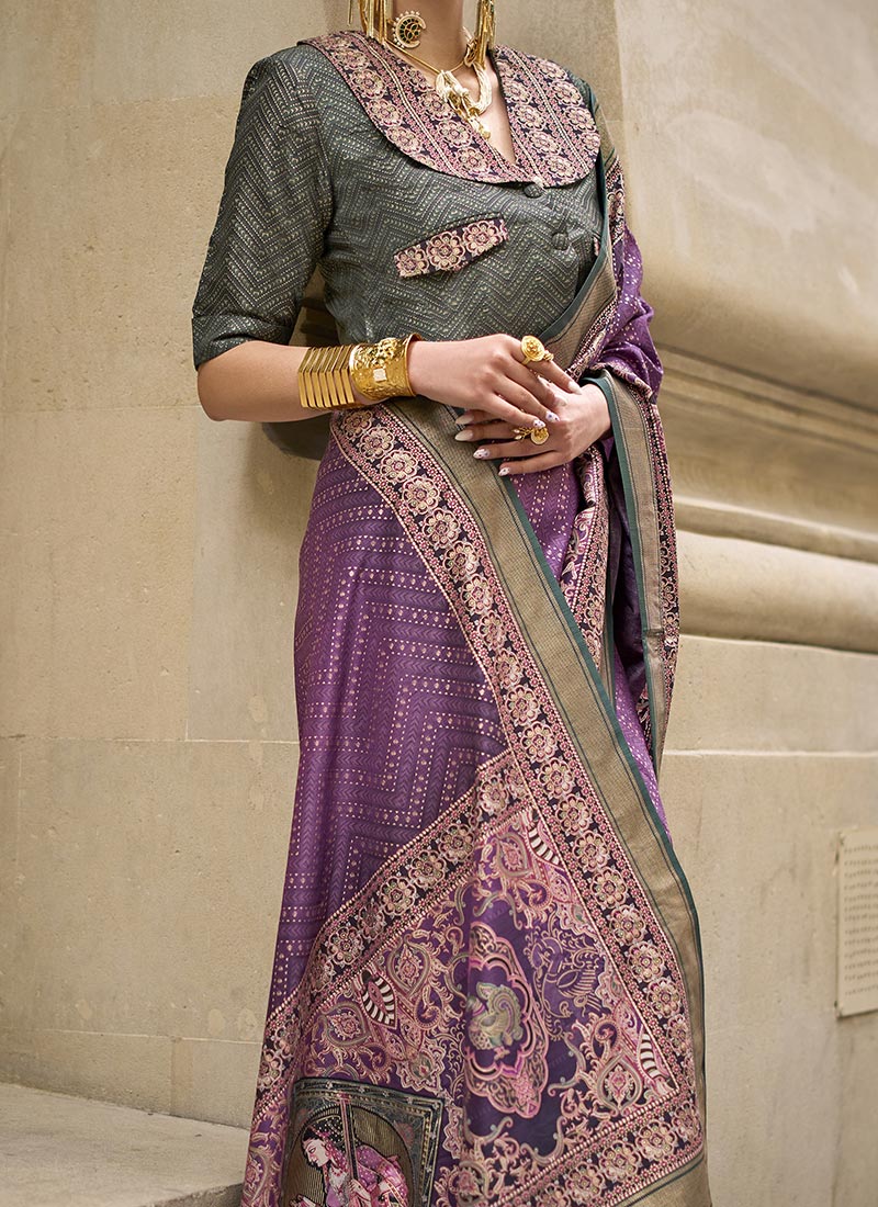 Olive Green Foil Print Zari Woven Silk Saree
