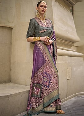 Violet Green Silk Foil Print Saree
