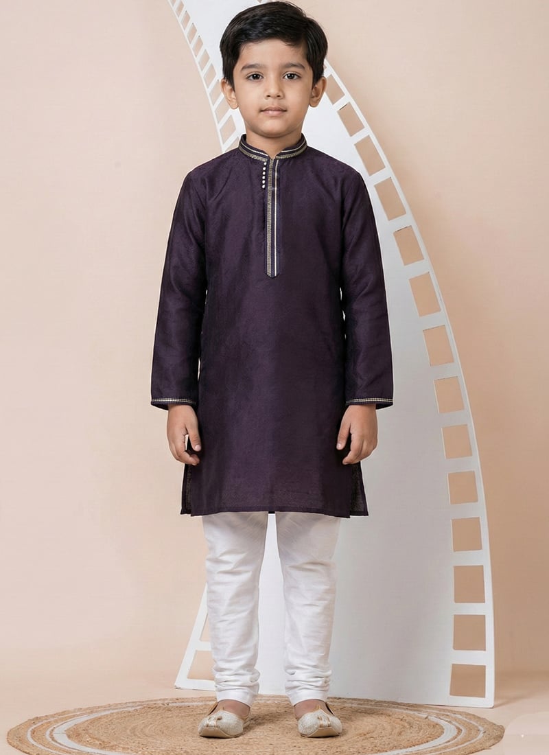 Violet Jacquard Silk Kids Boys Kurta Pyjama  Festive Wear