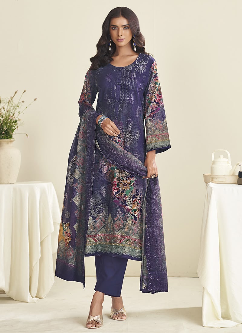 Violet Lawn Cotton Digital Print Thread Straight Pant Suit After Six Wear
