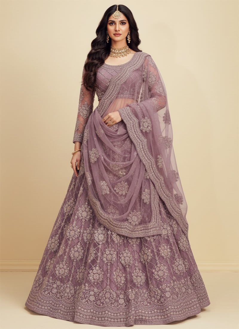 Violet Net Embroidered Stones Umbrella Lehenga Wedding Wear