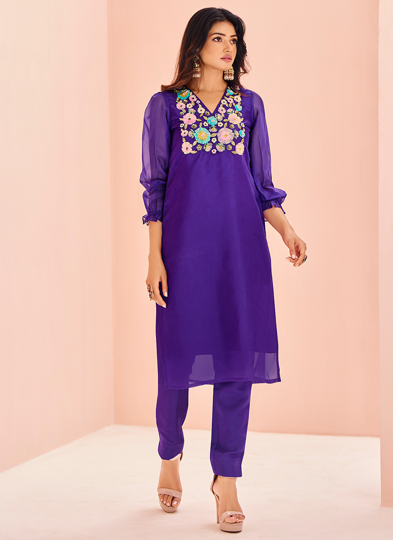 Violet Organza Hand Work Kurta Straight Pant Set After Six Wear
