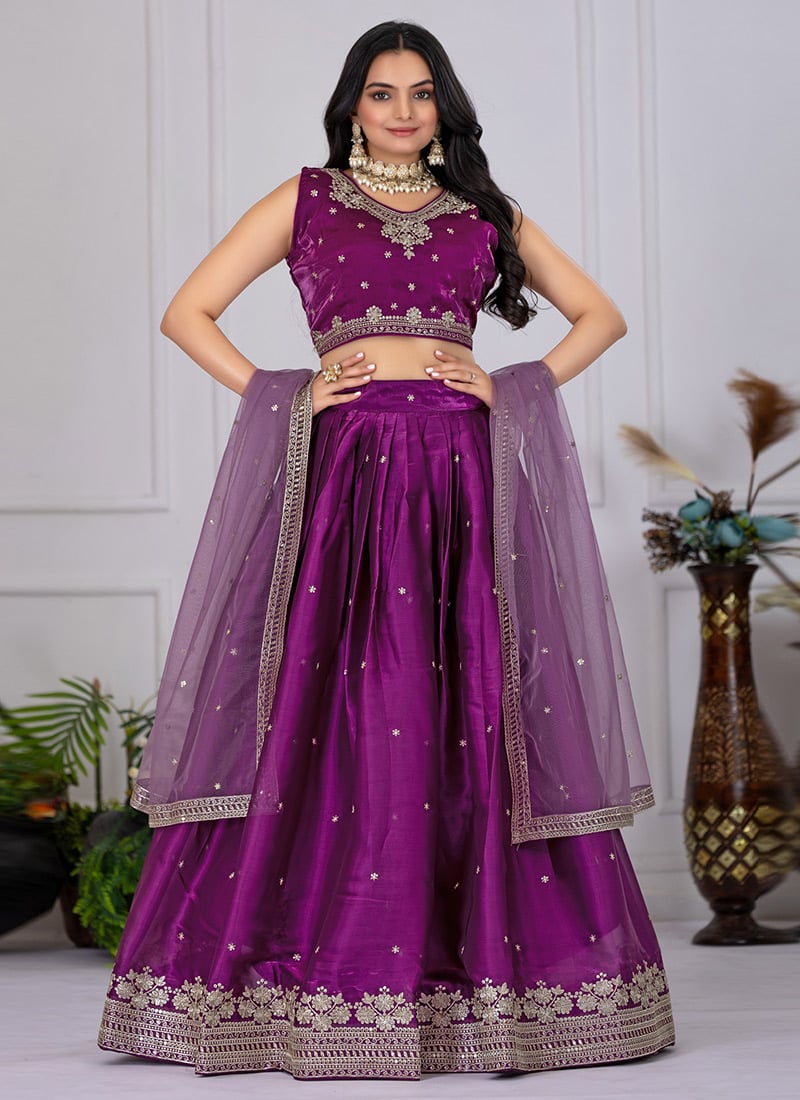 Violet Organza Zari Embroidered Sequins Lehenga