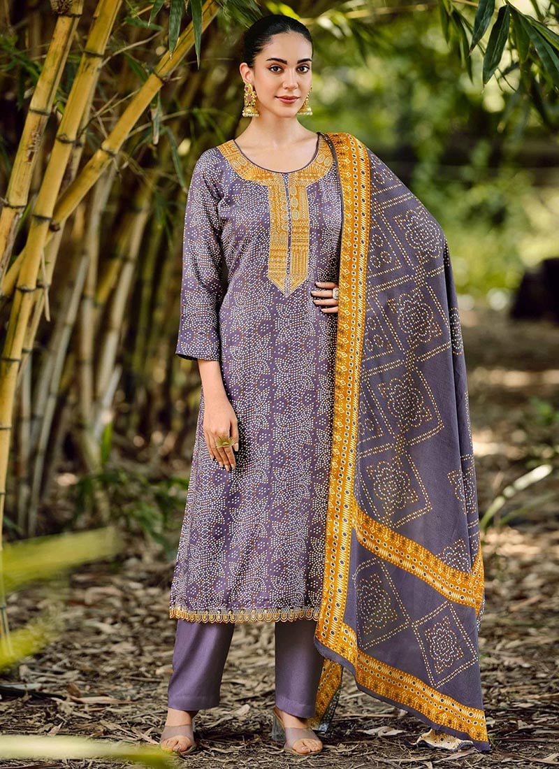 Violet Pashmina Bandhini Print Straight Pant Suit After Six Wear