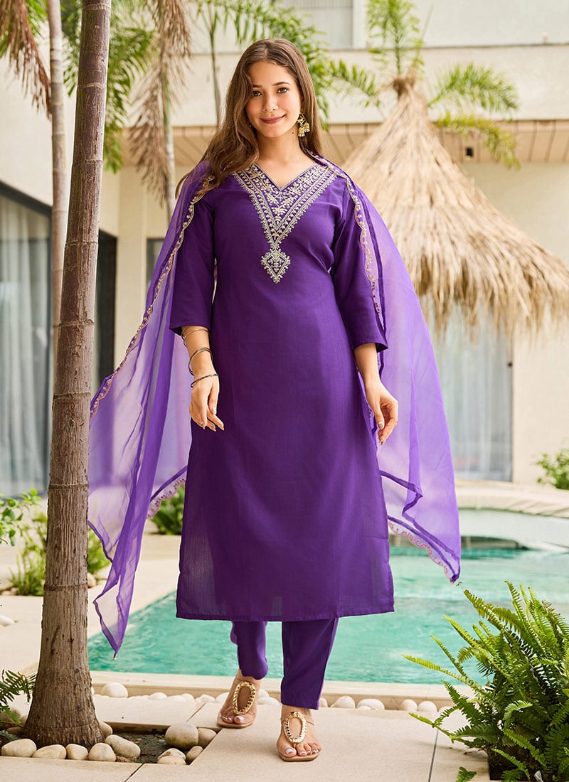 Violet Rayon Slub Embroidered Straight Pant Suit After Six Wear