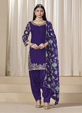 Violet Roman Silk Zari Embroidered Mirror Work Salwar Suit