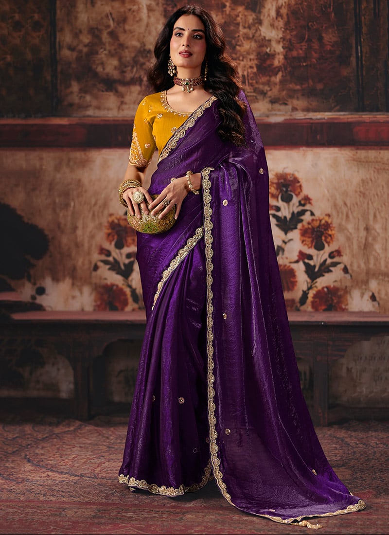 Violet Satin Blend Zari Sequins Beads Embroidered Saree After Six Wear