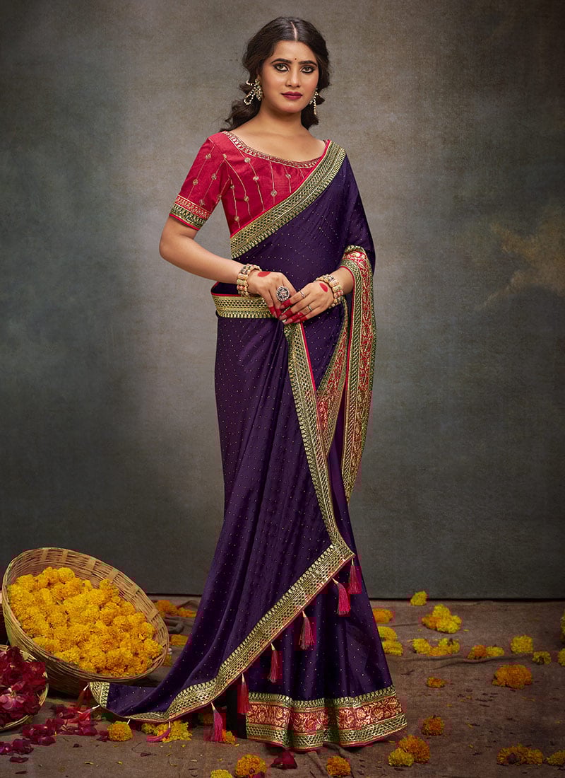 Violet Satin Embroidered Stones And Zari Saree