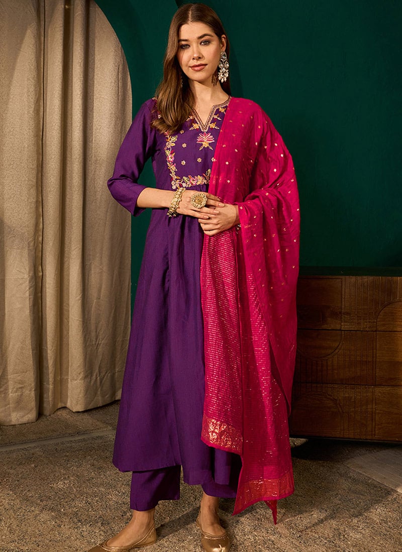 Violet Silk Embroidered Anarkali Suit Festive Wear