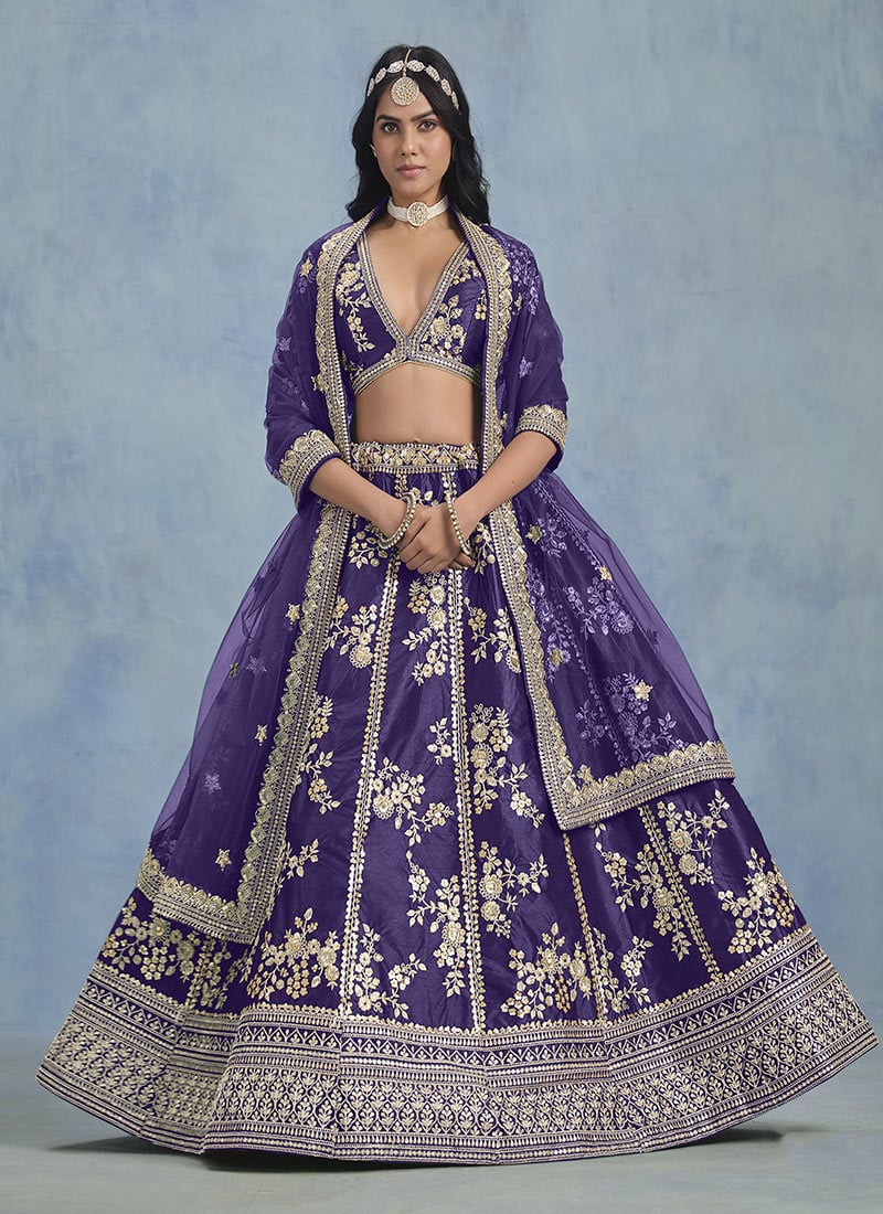 Violet Silk Embroidered Sequins Lehenga Wedding Wear