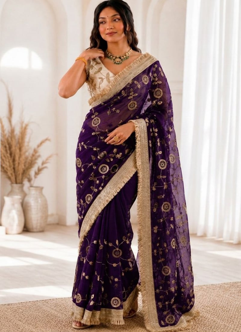 Violet Silk Embroidered Sequins Saree Festive Wear
