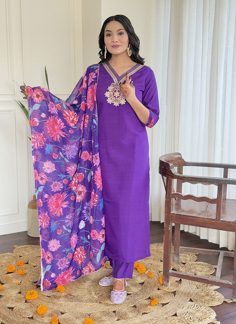 Violet Silk Embroidered Sequins Straight Pant Suit With Digital Print Dupatta