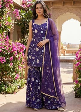 Violet Silk Embroidered Sharara Suit