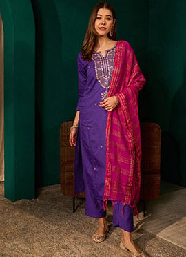 Violet Silk Embroidered Straight Pant Suit
