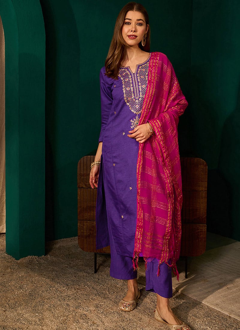 Violet Silk Embroidered Straight Pant Suit Festive Wear