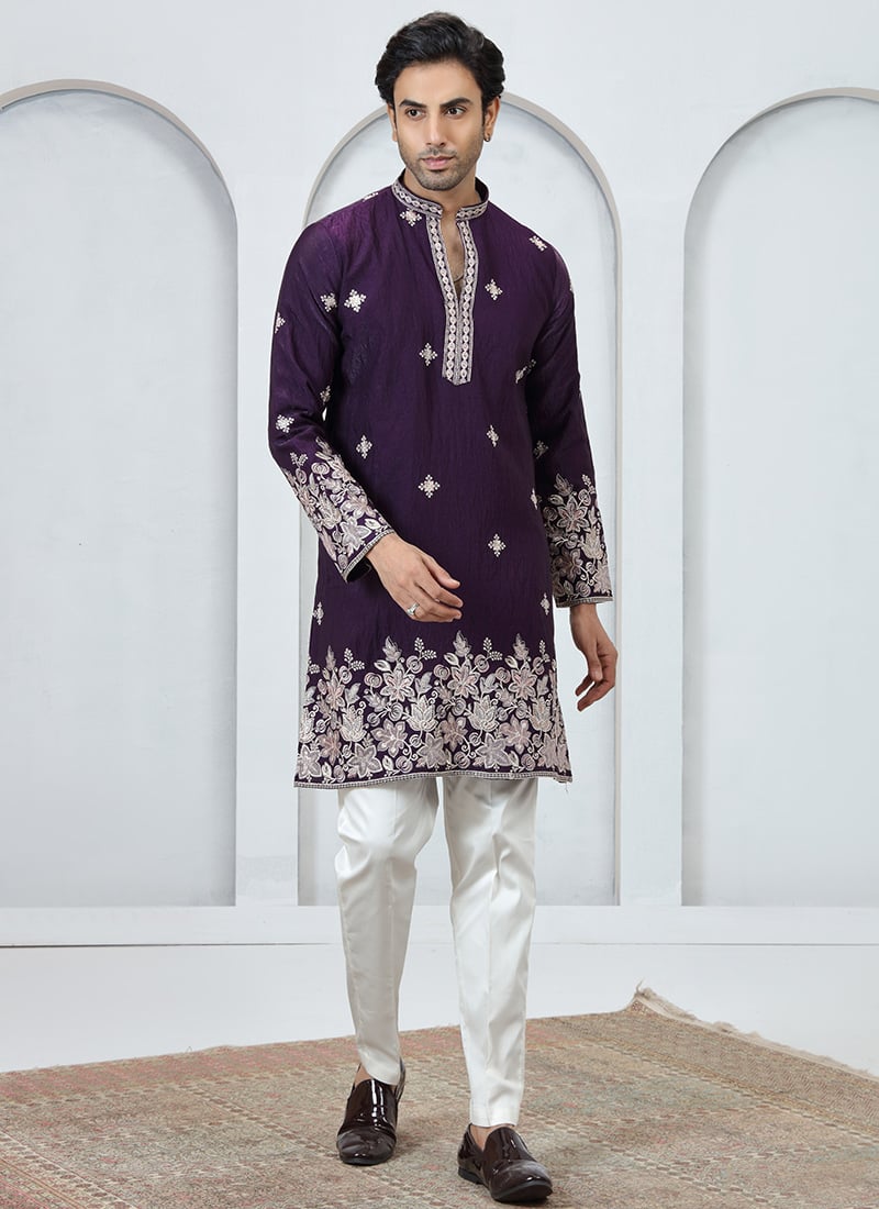 Violet Silk Embroidered Thread Work Kurta Pyjama Festive Wear