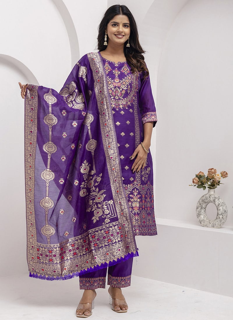 Violet Silk Jacquard Hand Embroidered Woven Straight Pant Suit Festive Wear