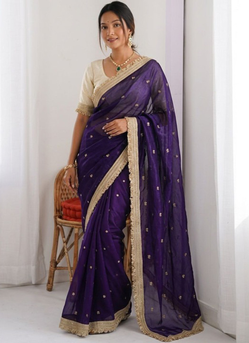 Violet Silk Zari Embroidered Saree After Six Wear