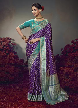 Violet Silk Zari Embroidered Sequins Jacquard Saree
