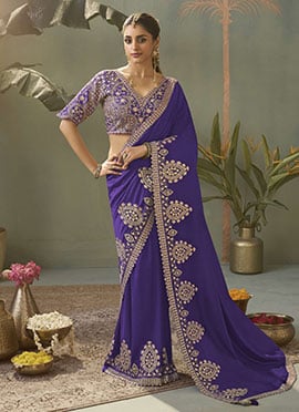 Violet Silk Zari Gota Embroidered Sequins Saree
