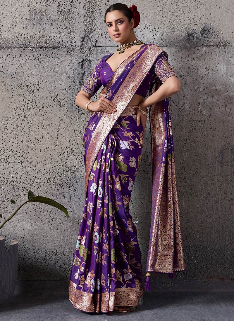 Violet Silk Zari Sequins Banarasi Saree Festive Wear