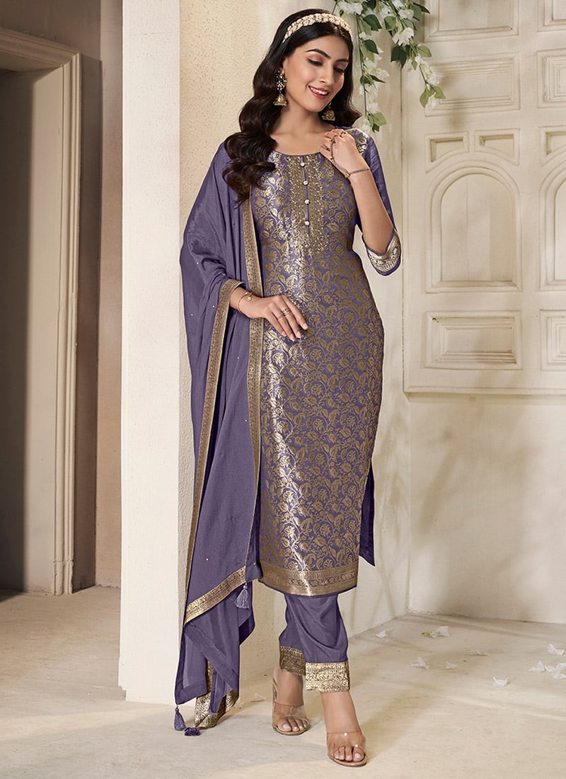 Violet Tissue Silk Jacquard Woven Straight Pant Suit Festive Wear