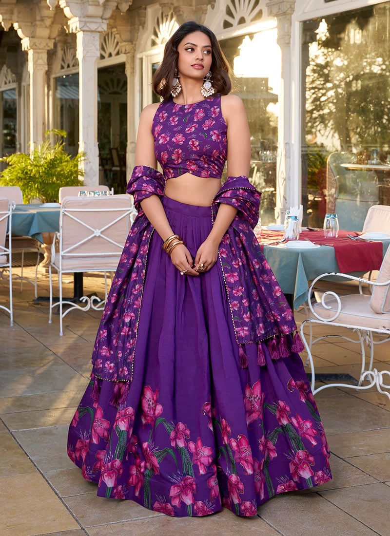 Violet Tussar Silk Floral Digital Print Lehenga After Six Wear