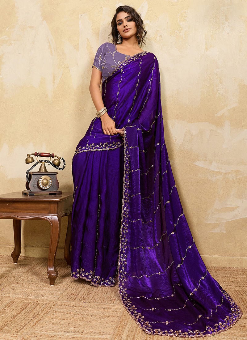 Violet Velevet Zari Sequins Saree After Six Wear