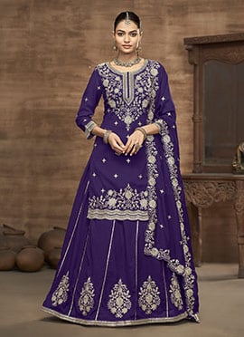Violet Vichitra Silk Embroidered A Line Lehenga Wedding Wear