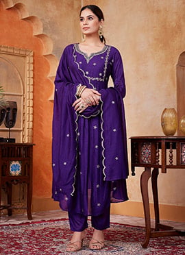 Violet Vichitra Silk Embroidered Sequins Anarkali Suit