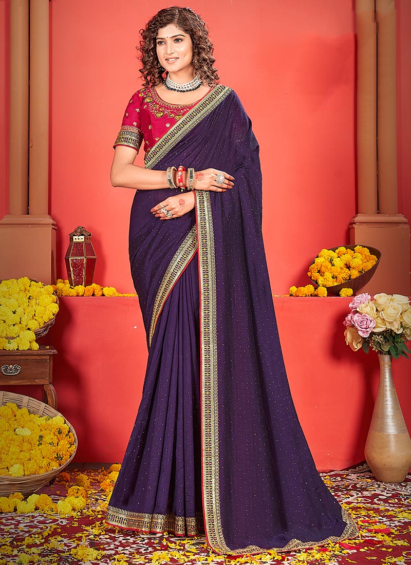 Violet Vichitra Silk Embroidered Sequins Saree Festive Wear
