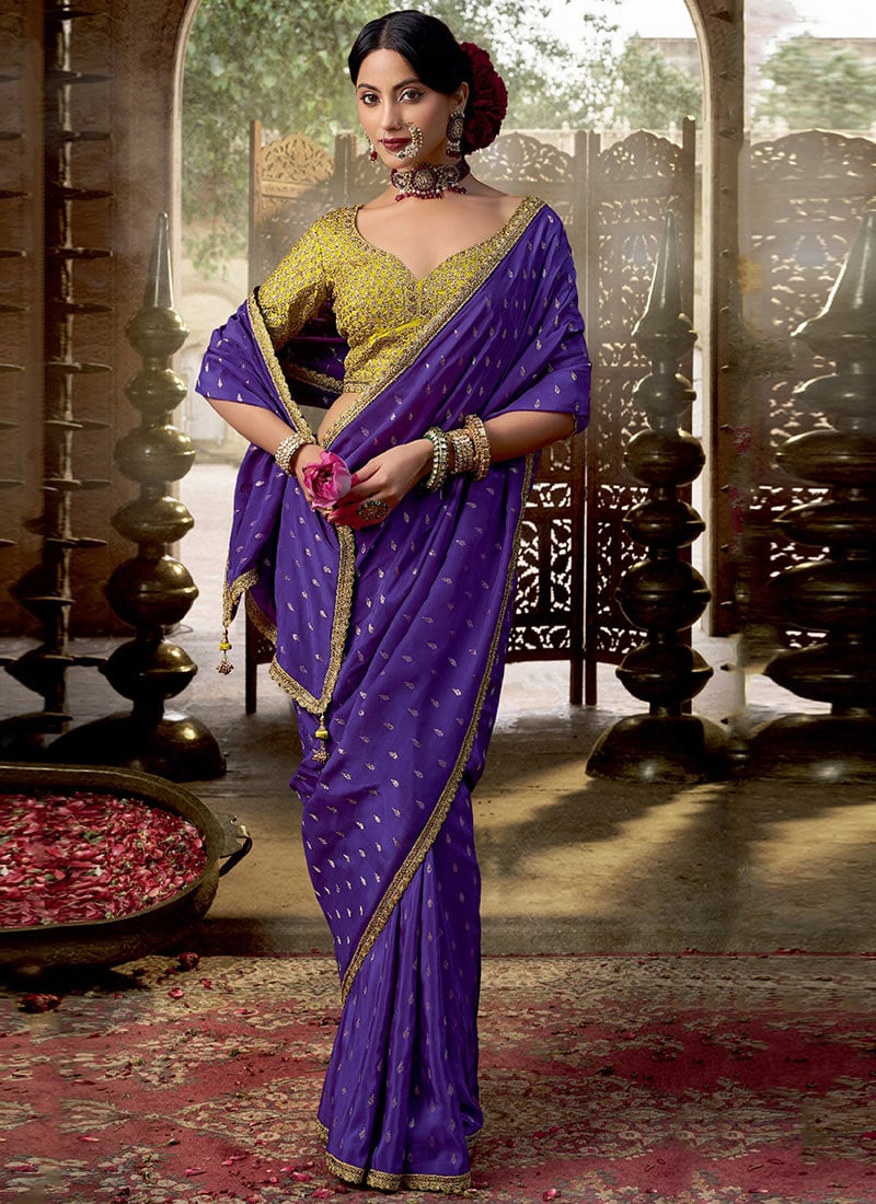 Violet Viscose Crepe Zari Embroidered Sequins Saree