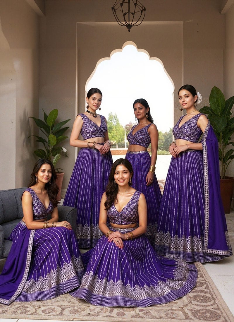 Violet Viscose Silk Zari Embroidered Sequins Elegant Lehenga