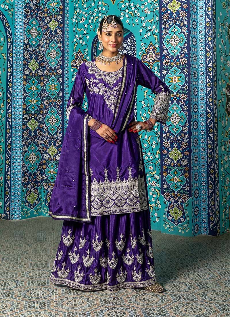 Violet Viscose Silk Zari Work With Mirror Sequins Elegant Palazzo Suit Festive Wear