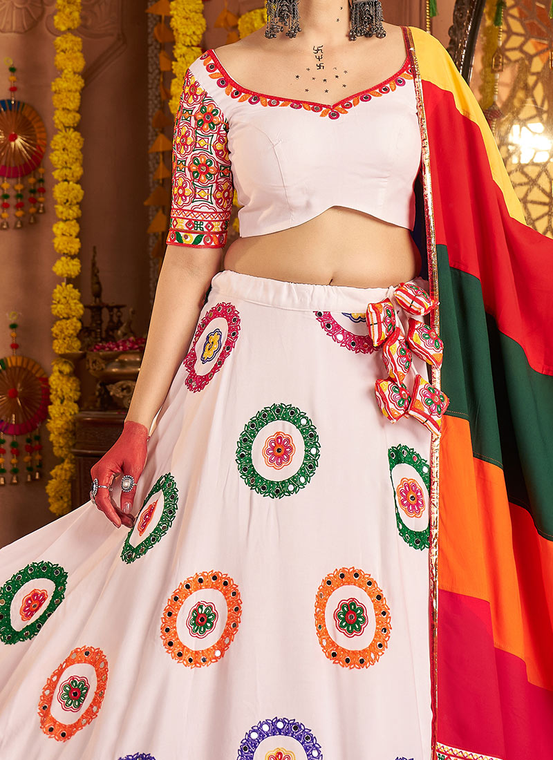 Off-White Multicolor Viscose Cotton Mirror Embroidered Lehenga Choli