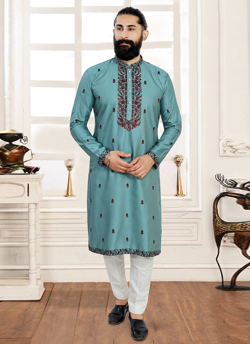Vivid Teal Rayon Embroidered Sequins Thread Kurta Pyjama Festive Wear