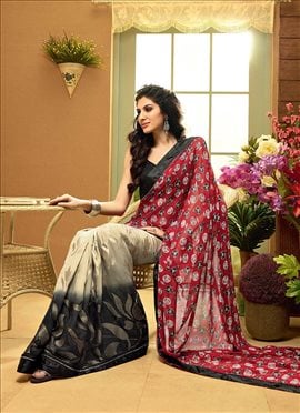 Voguish Beige Black N Red Half N Half Saree