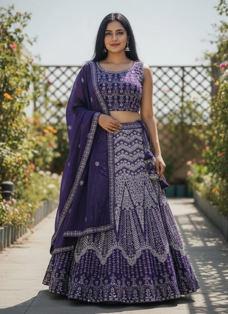 Voilet Georgette Embroidered Sequins Lehenga Wedding Wear
