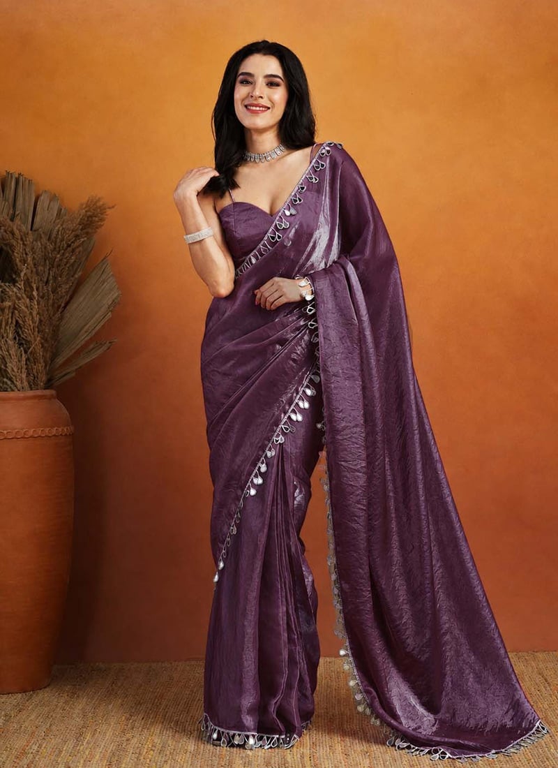 Voilet Organza Teardrop Lace Border Saree After Six Wear