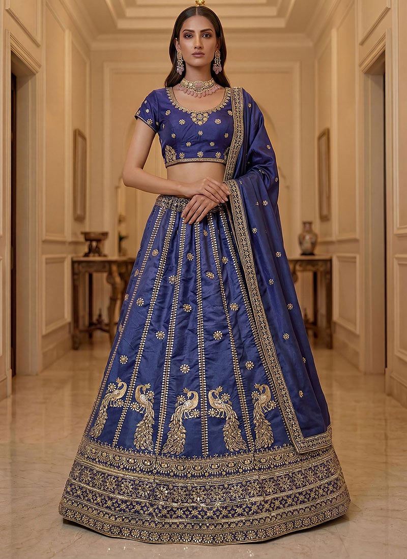 Voilet Silk Zari Embroidered Sequins Lehenga Wedding Wear