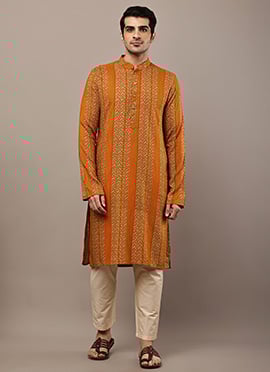 Warm Mustard Viscose Silk Ethnic Print Zari Thread Kurta Pyjama