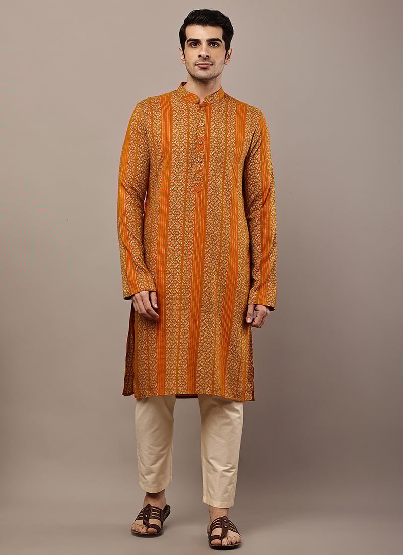 Warm Mustard Viscose Silk Ethnic Print Zari Thread Kurta Pyjama Festive Wear