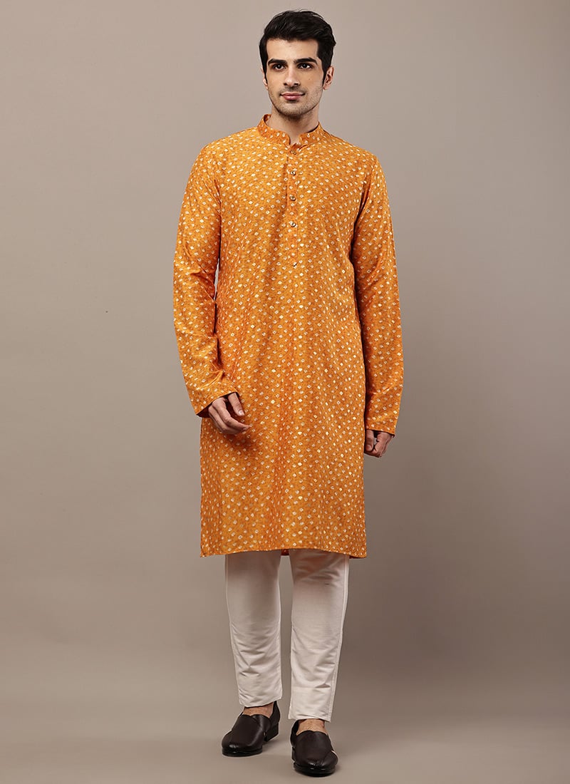 Warm Mustard Viscose Silk Printed Kurta Pyjama Festive Wear