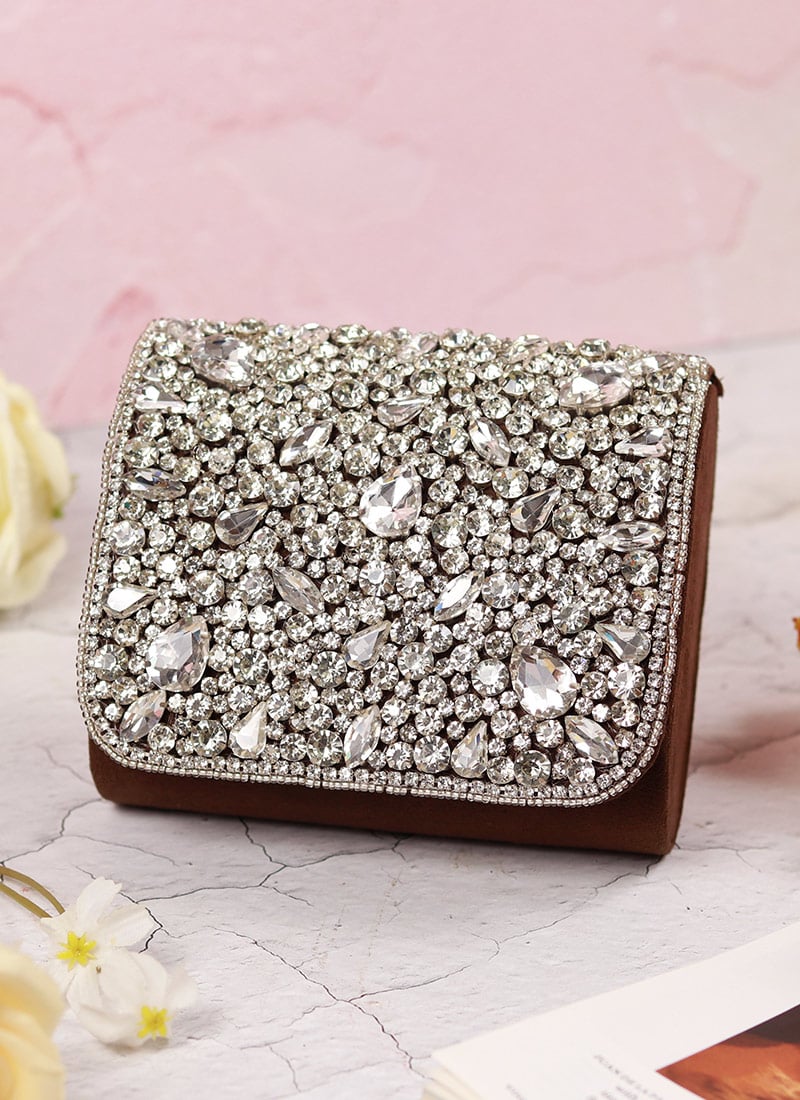 Wedding And Party Clutch For In Brown Suede With Stone Beads And Crystals