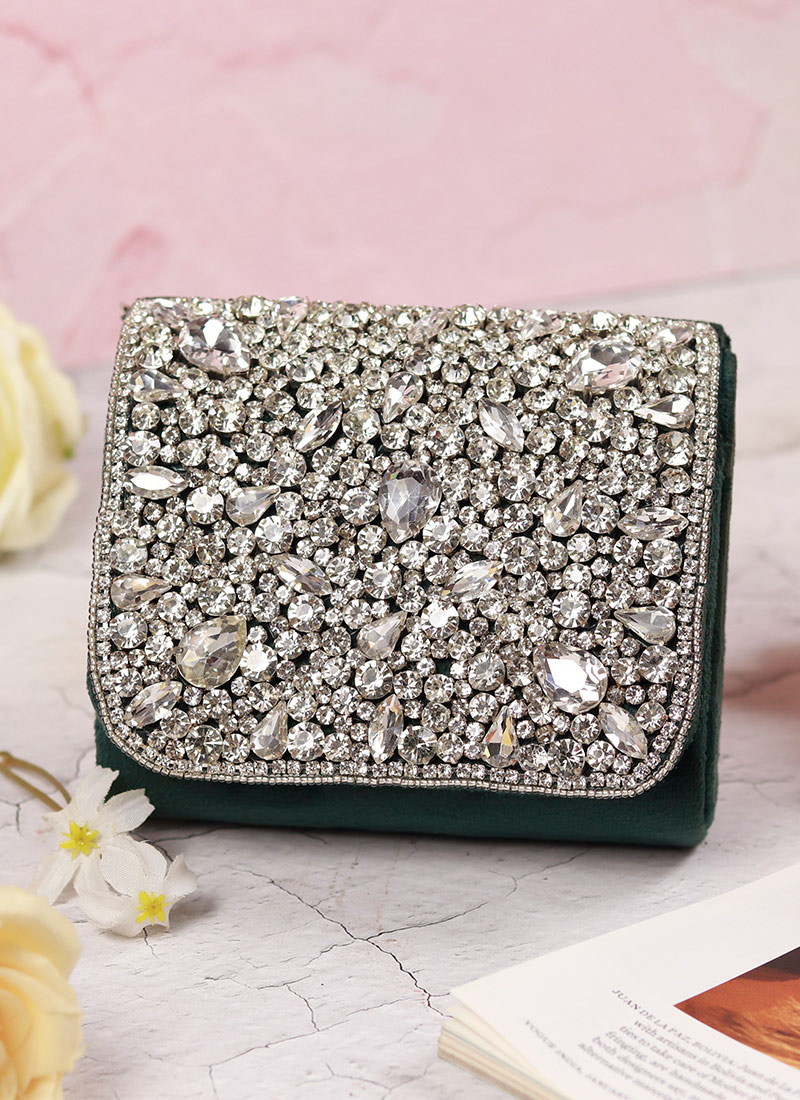Wedding And Party Clutch For In Green Suede With Stone Beads And Crystals