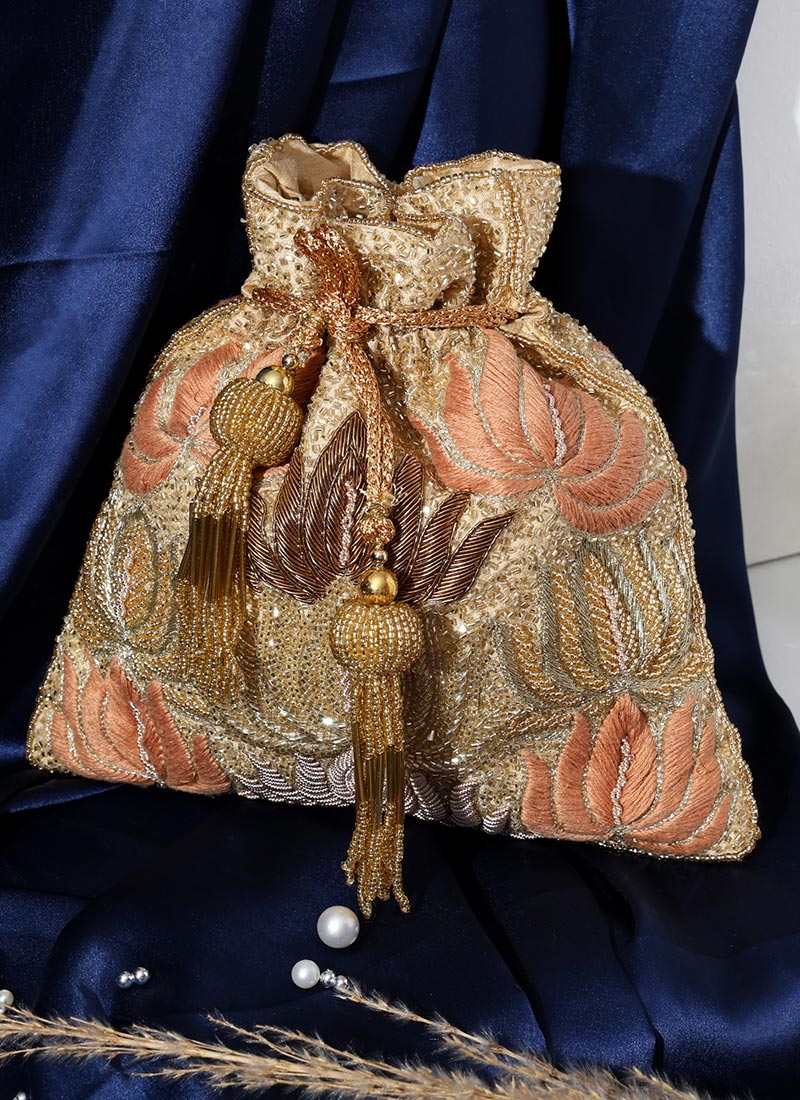 Wedding Collection Golden Crystal And Beads Embossed Cut Dana Work Potli Party Wear