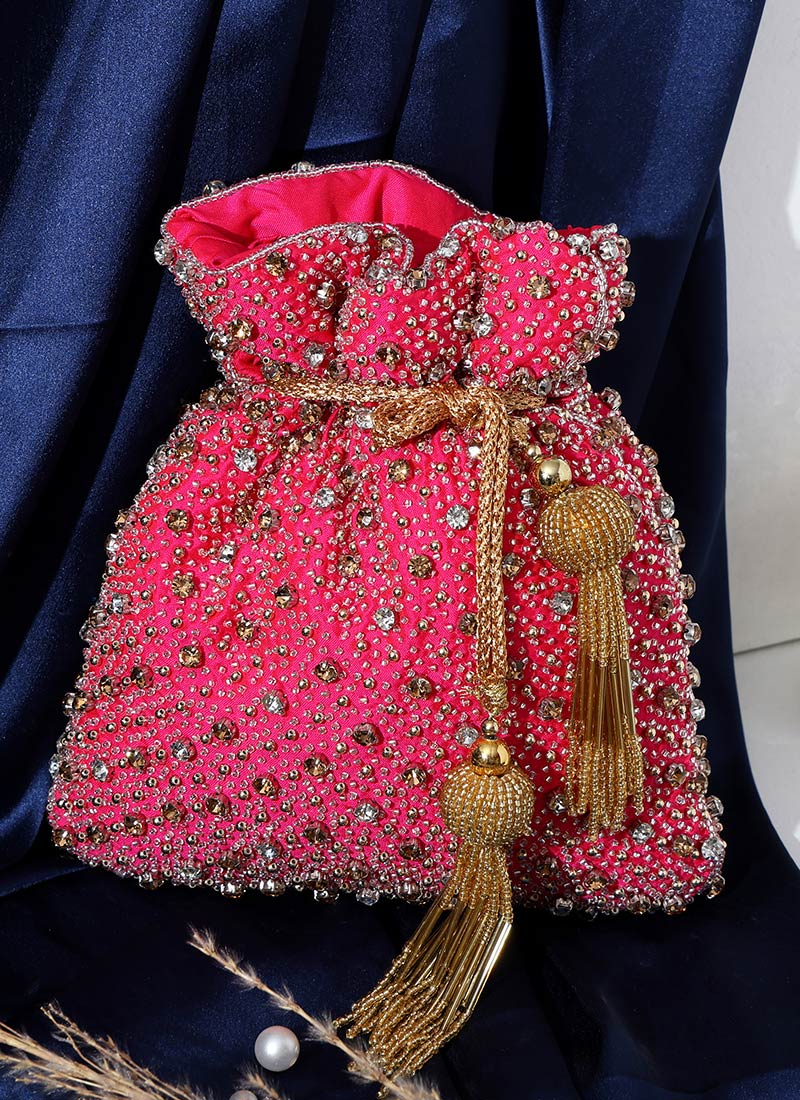 Wedding Collection Pink Beads And Stone Embossed Potli Party Wear